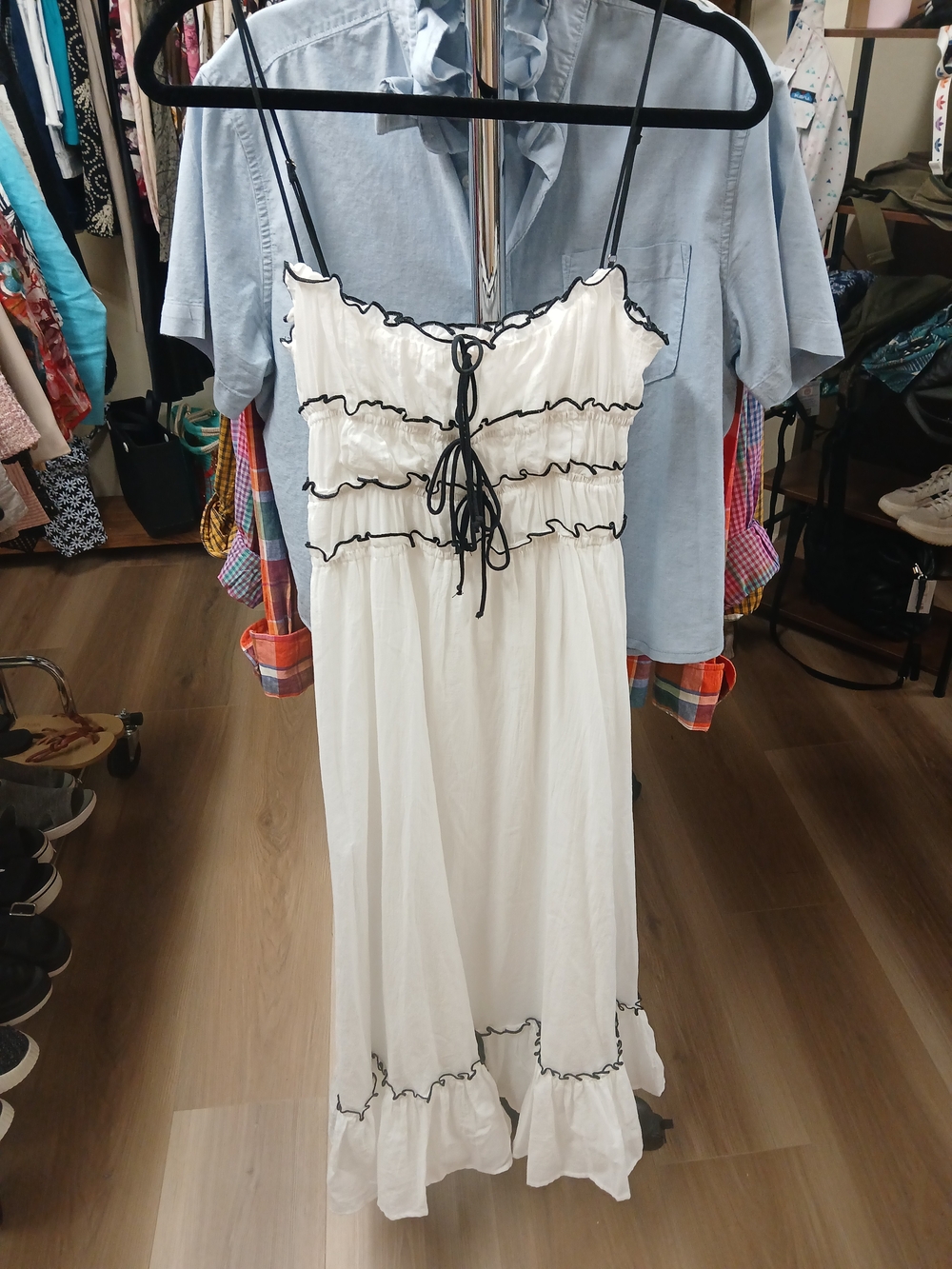 Olivaceous White Ruffle Maxi Dress with Black Trim
